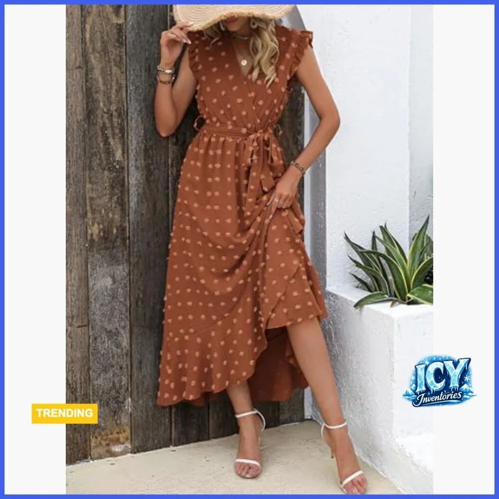 Swiss Dot Maxi Dress with Cap Sleeves and Wrap Ruffle Hem